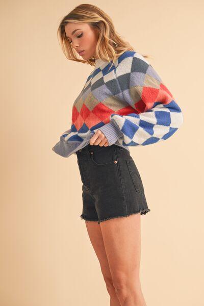 Aemi + Co Diamond Mock Neck Raglan Sleeve Sweater | Sweaters Daverri Fashions