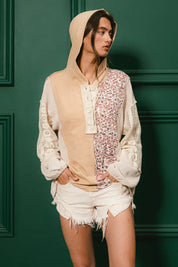 BiBi Slub Jersey with Lace Combo Buttoned Hoodie Top | Hoodies Daverri Fashions