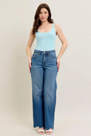 Judy Blue Full Size High Waist Tummy Control Chew Hem Destroy Wide Jeans Plus Size | Jeans Daverri Fashions