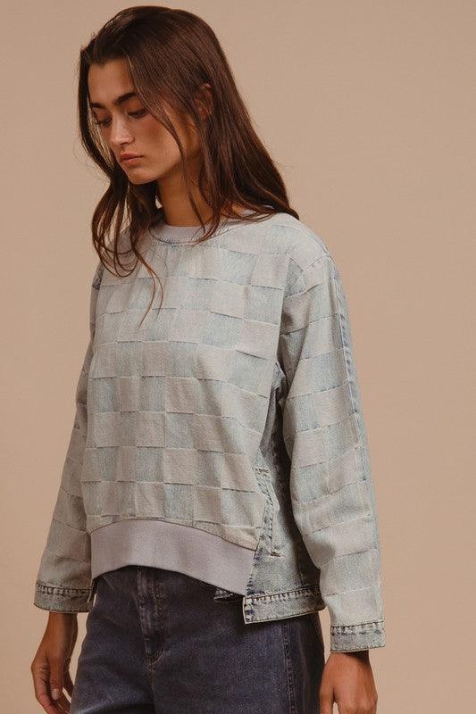 BiBi Mineral Washed Checkered Round Neck Denim Top | Tops Daverri Fashions