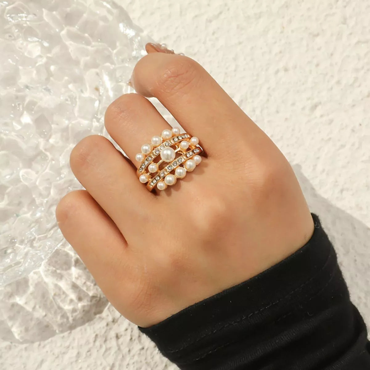 Gold One Size Pearl 18K Gold-Plated Open Ring | Rings Daverri Fashions