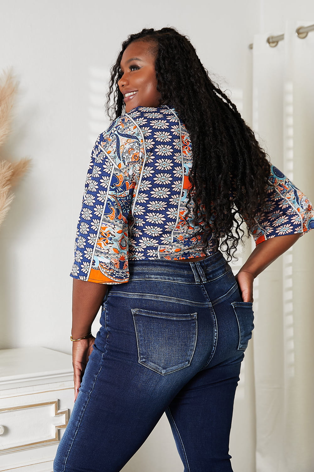 Tie Hem V-Neck Three-Quarter Sleeve Blouse | Daverri Fashions