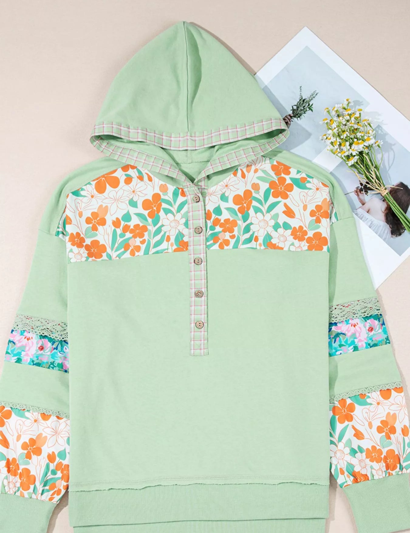 Lace Floral Patchwork Half Button Hooded Top | Tops Daverri Fashions