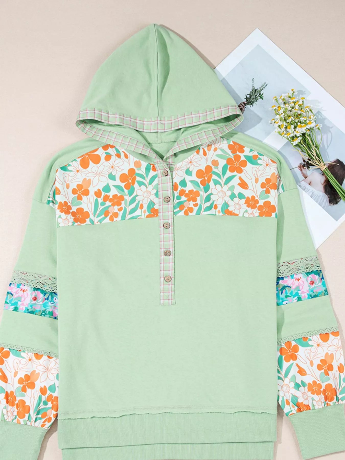 Lace Floral Patchwork Half Button Hooded Top | Tops Daverri Fashions