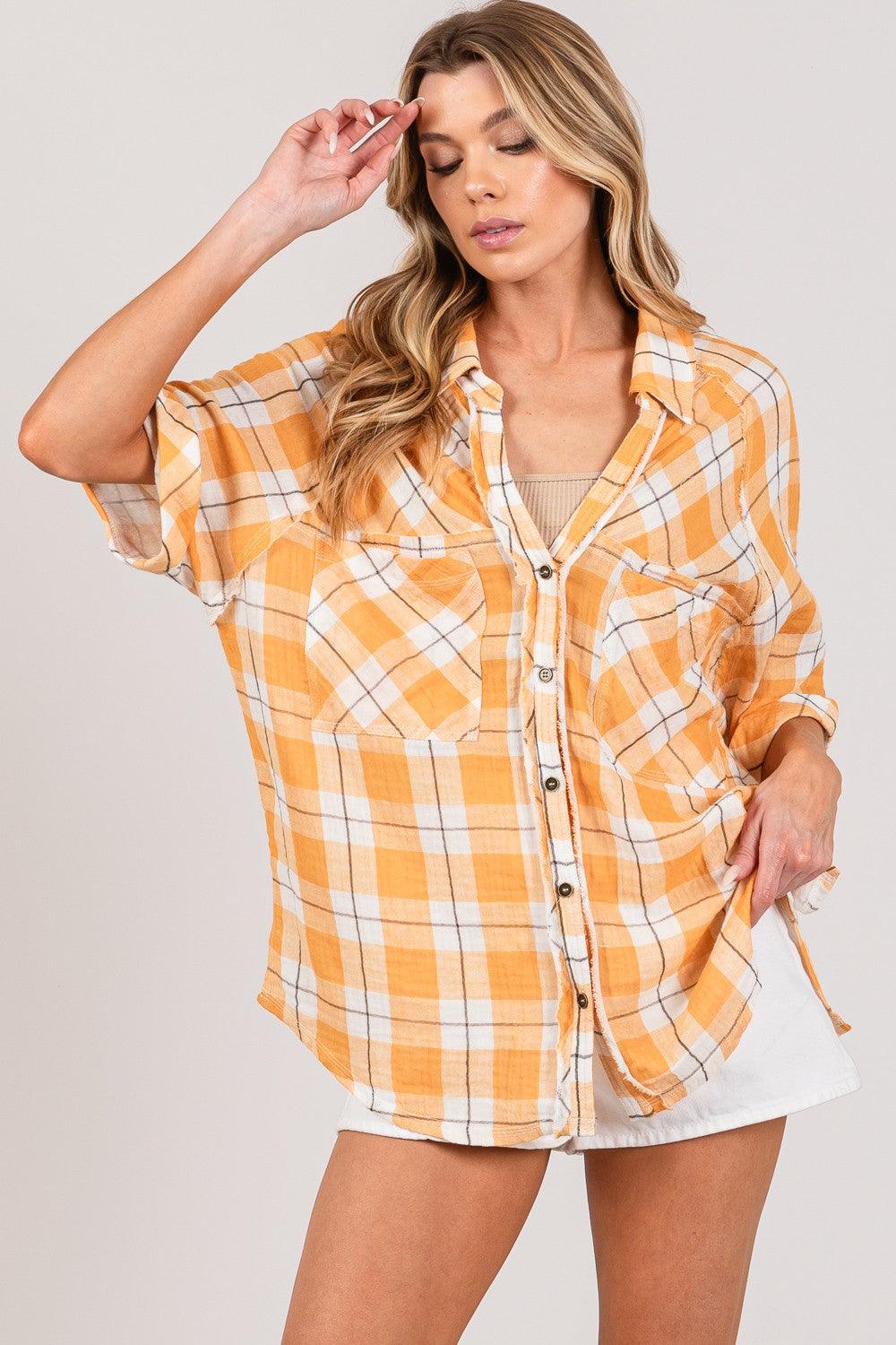 SAGE + FIG Plaid Button Up Side Slit Shirt | Daverri Fashions