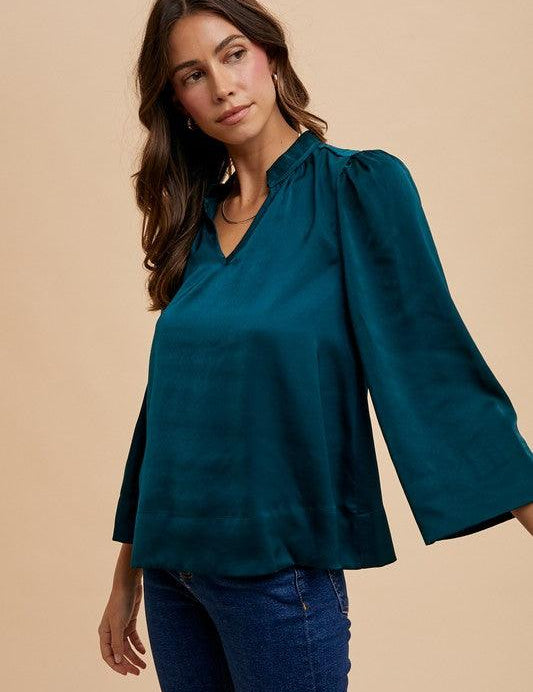Deep Teal Annie Wear Satin Notched Three-Quarter Sleeve Blouse | Blouses Daverri Fashions