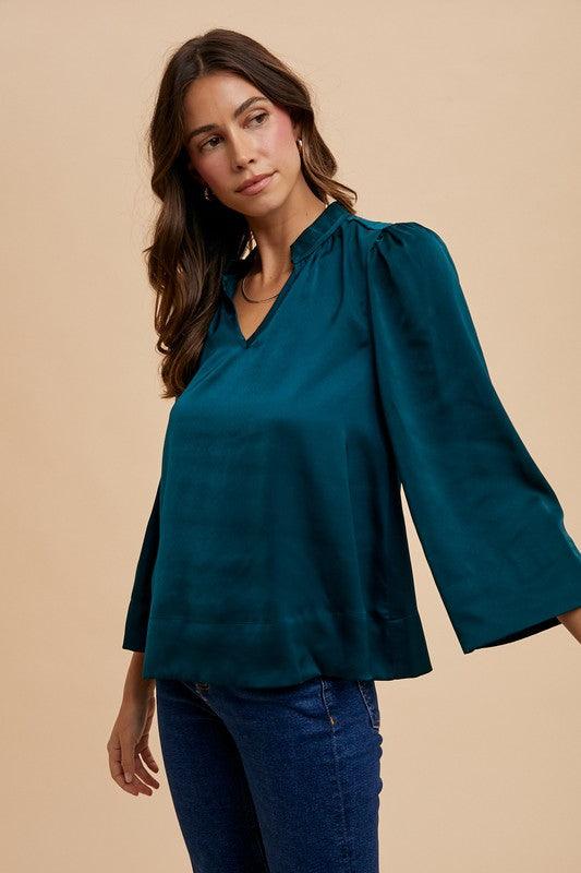 Deep Teal Annie Wear Satin Notched Three-Quarter Sleeve Blouse | Blouses Daverri Fashions