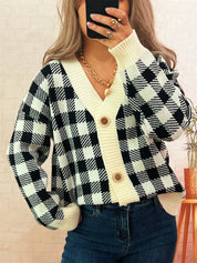 Gray white One Size Plaid Button-Down Cardigan | Cardigans Daverri Fashions