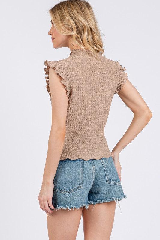 Ces Femme Texture Mock Neck Ruffle Cap Sleeve Blouse | Blouses Daverri Fashions