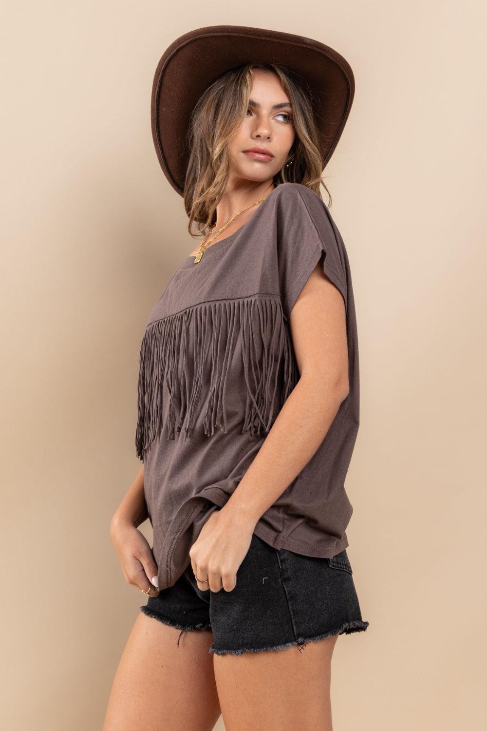 Ces Femme Fringe Detail Round Neck Short Sleeve Top | Tops Daverri Fashions