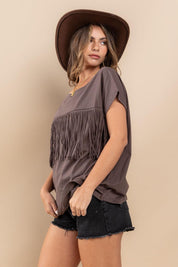 Ces Femme Fringe Detail Round Neck Short Sleeve Top | Tops Daverri Fashions