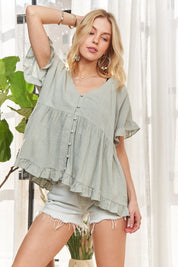 ADORA Button Down Ruffled Babydoll Blouse | Daverri Fashions