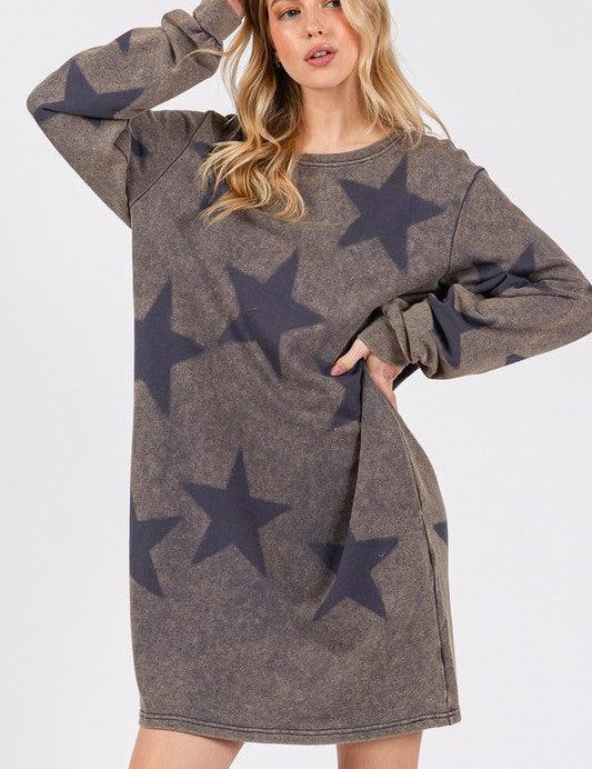 Dark Gray M SAGE + FIG Washed Star Print Round Neck Dress | Midi Dresses Daverri Fashions
