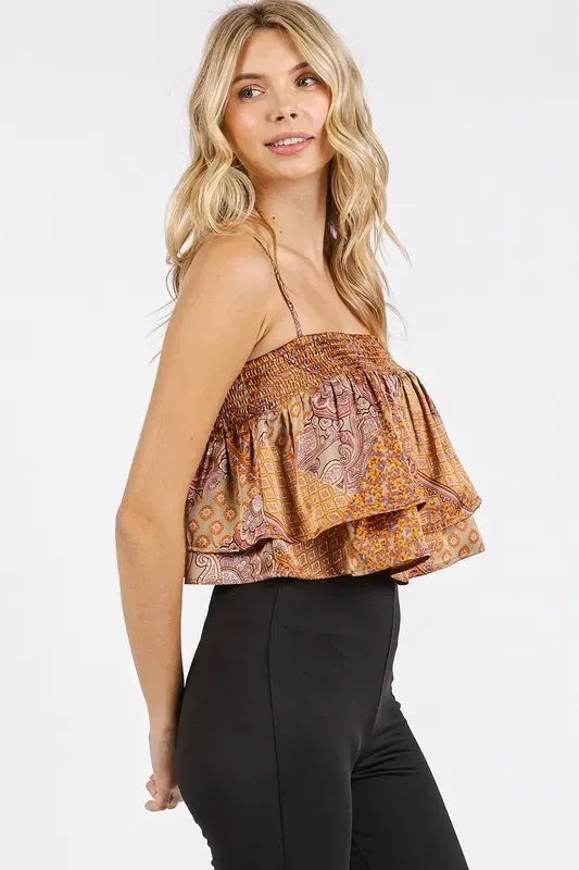 Mittoshop Paisley Patchwork Print Satin Ruffle Crop Cami - DAVERRI FASHIONS