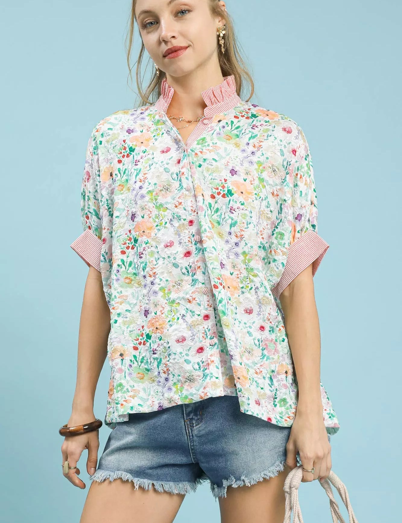 PINK MIX Umgee Jacquard Floral Print Button-Down Shirt | Shirts Daverri Fashions