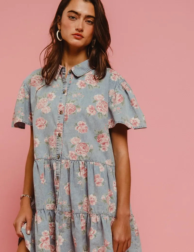 BiBi Floral Print Washed Lightweight Tiered Shirt Dress | Mini Dresses Daverri Fashions