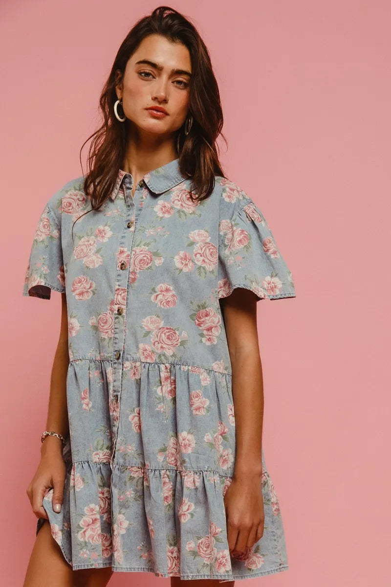 BiBi Floral Print Washed Lightweight Tiered Shirt Dress | Mini Dresses Daverri Fashions