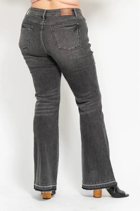 Judy Blue Full Size Mid Rise Tummy Control Washed Gray Release Hem Flare Jeans Plus Size | Daverri Fashions