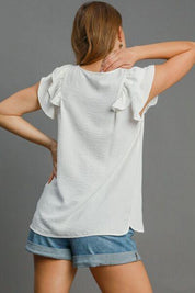Umgee Full Size V-Neck Double Layered Ruffle Sleeve Blouse Plus Size | Blouses Daverri Fashions