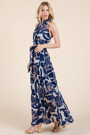 Lime 'N' Chili Abstract Halter Neck Tie-Waist Tiered Maxi Dress | Daverri Fashions