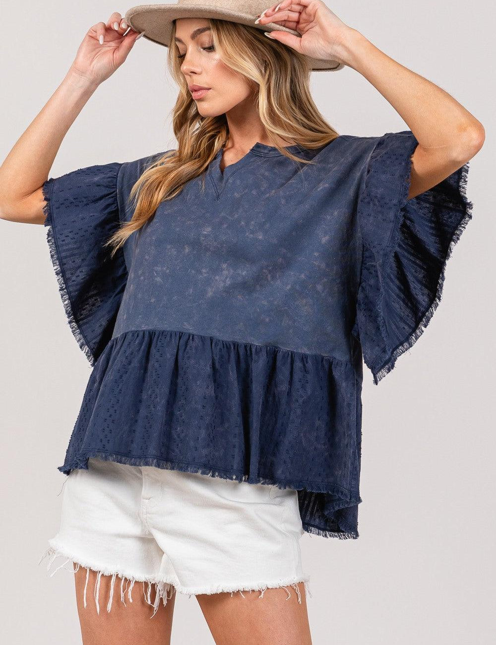 Navy SAGE + FIG Ruffle Sleeve Washed Short Sleeve Blouse | Blouses Daverri Fashions