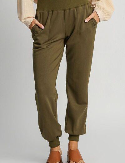 Olive Umgee Full Size High Rise Elastic Waist Knit Joggers with Pockets Olive | Joggers Daverri Fashions