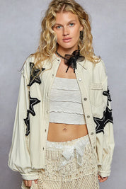 Cream L POL Star Patch Raw Hem Button Up Denim Jacket | Denim Jackets Daverri Fashions