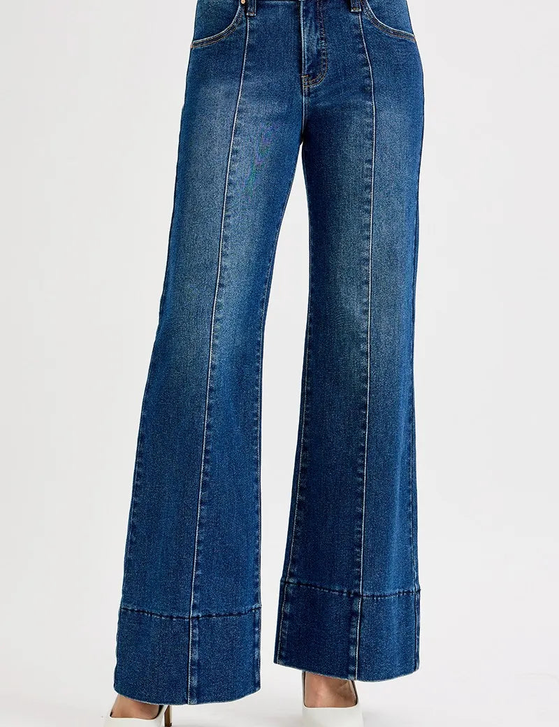 DARK RISEN Plus Size Tummy Control Mid Rise Ankle Wide Flare Jeans | Jeans Daverri Fashions