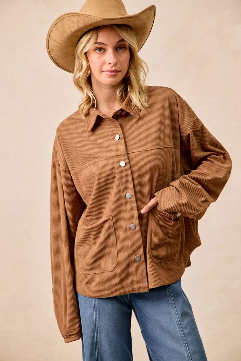 BiBi Corduroy Relaxed Fit Shacket with Back Pleat | Shackets Daverri Fashions