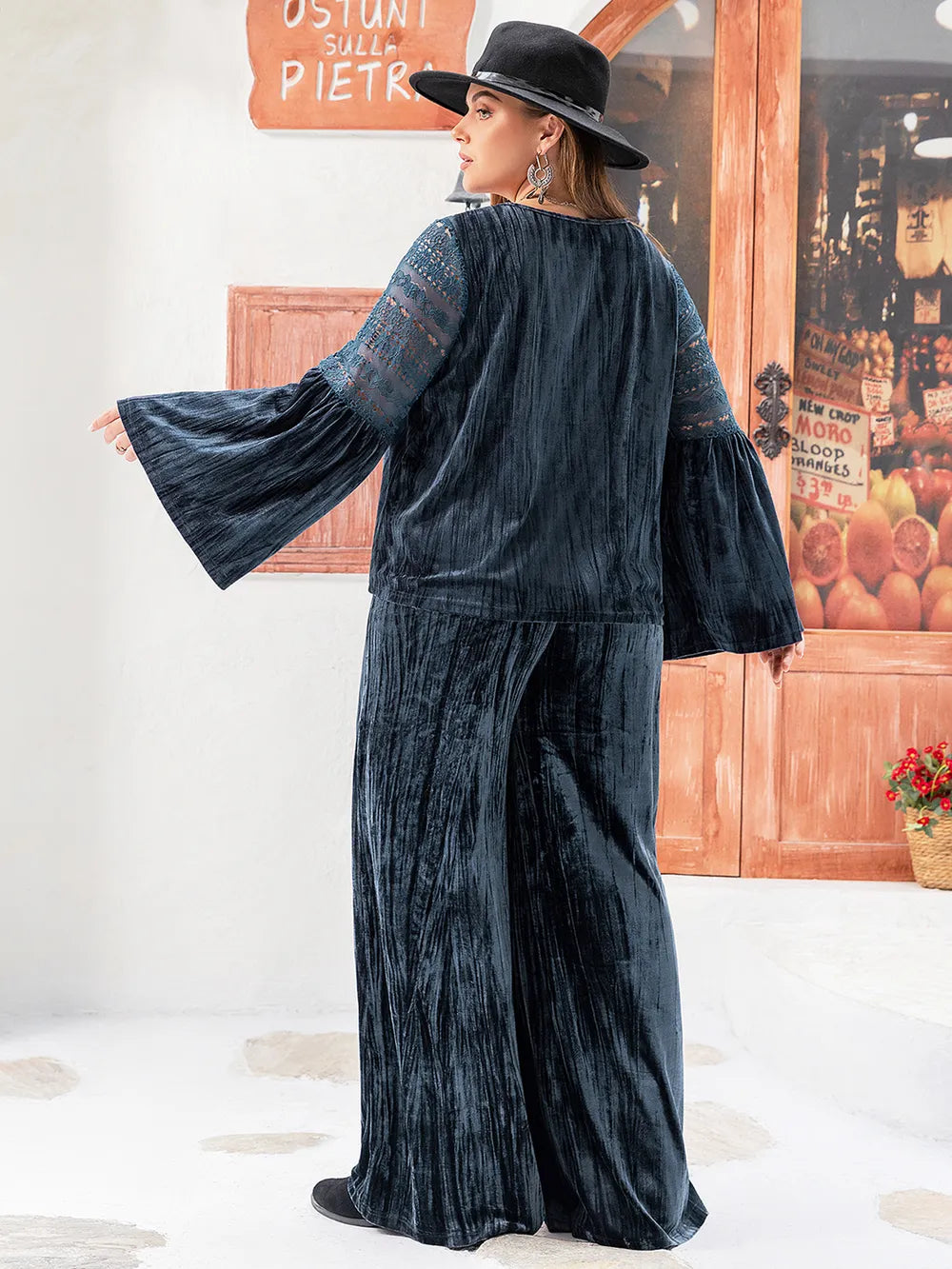 Plus Size Round Neck Flare Sleeve Top and Pants Set | Outfit Sets Daverri Fashions
