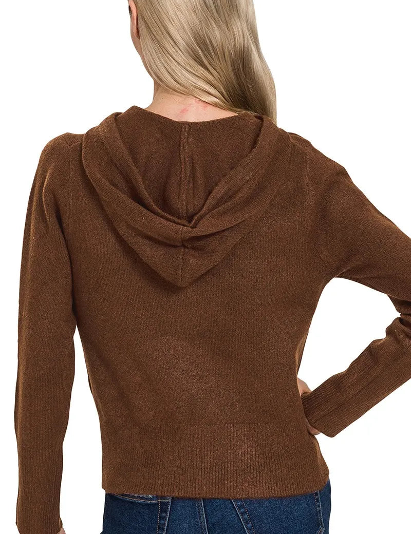Zenana Drawstring Zip Up Hooded Cardigan Brown | Cardigans Daverri Fashions