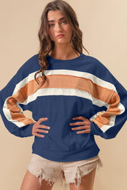 Indigo Mustard Ivory BiBi French Terry Color Block Cut Edge Detail Sweatshirt | Daverri Fashions