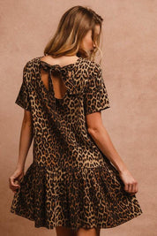 BiBi Tie Back Leopard Round Neck Short Sleeve Dress | Daverri Fashions
