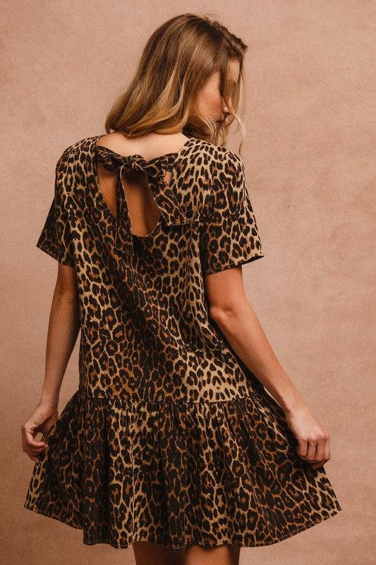 BiBi Tie Back Leopard Round Neck Short Sleeve Dress | Daverri Fashions