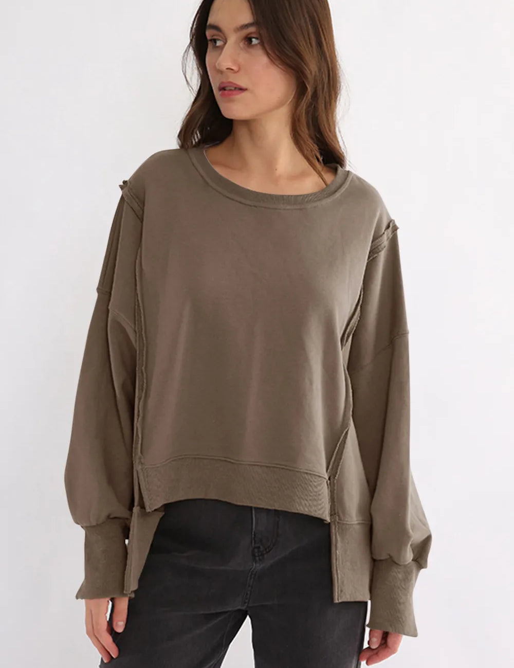 Taupe One Size Exposed Seam High-Low Long Sleeve Sweatshirt | Daverri Fashions