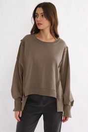 Taupe One Size Exposed Seam High-Low Long Sleeve Sweatshirt | Daverri Fashions