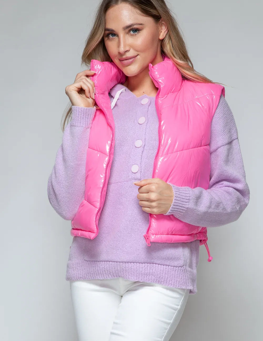 Hot Pink Snobbish Zip Up Turtleneck Shiny Quilted Vest | Vest Jackets Daverri Fashions