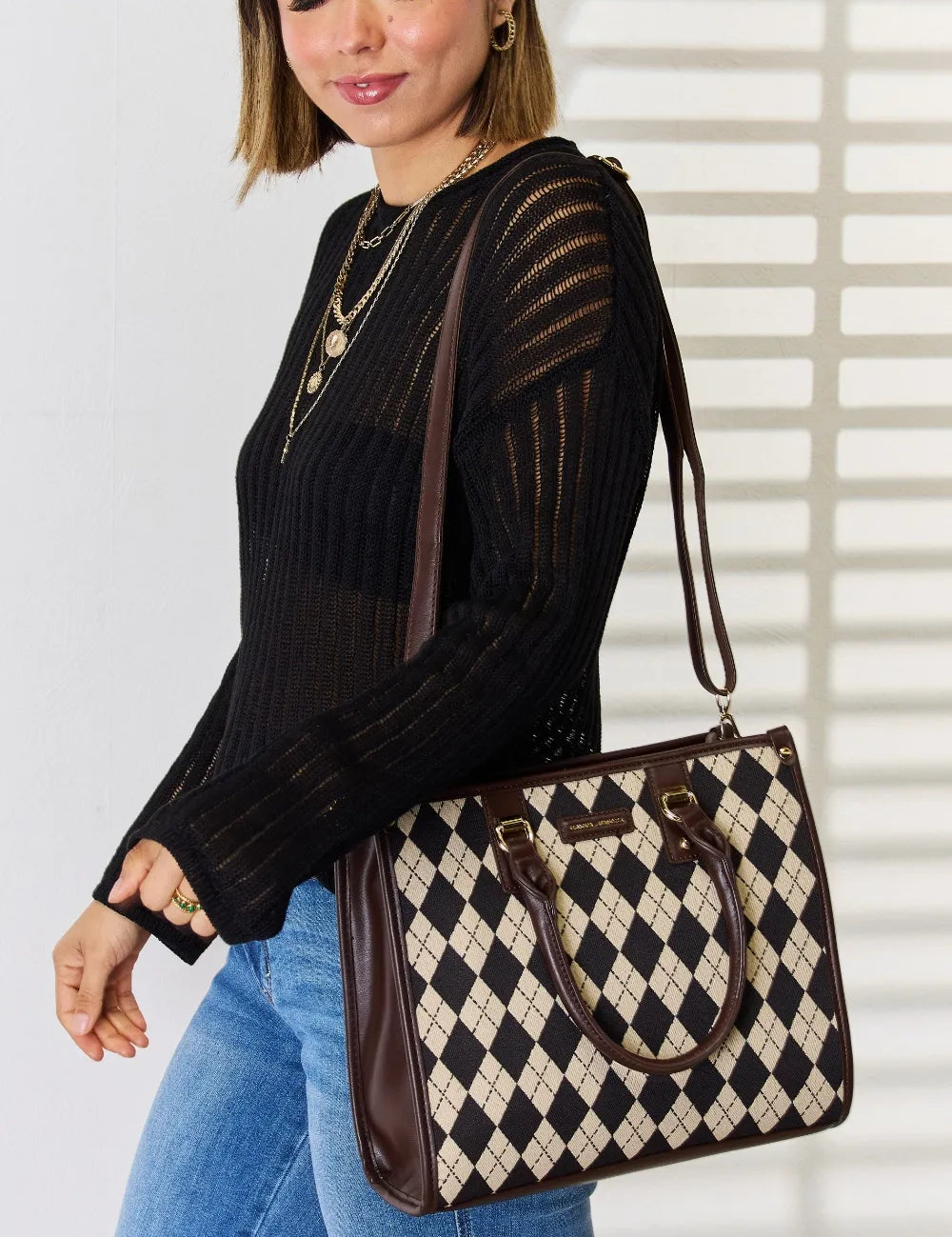 David Jones Argyle Pattern PU Leather Handbag | Handbags Daverri Fashions