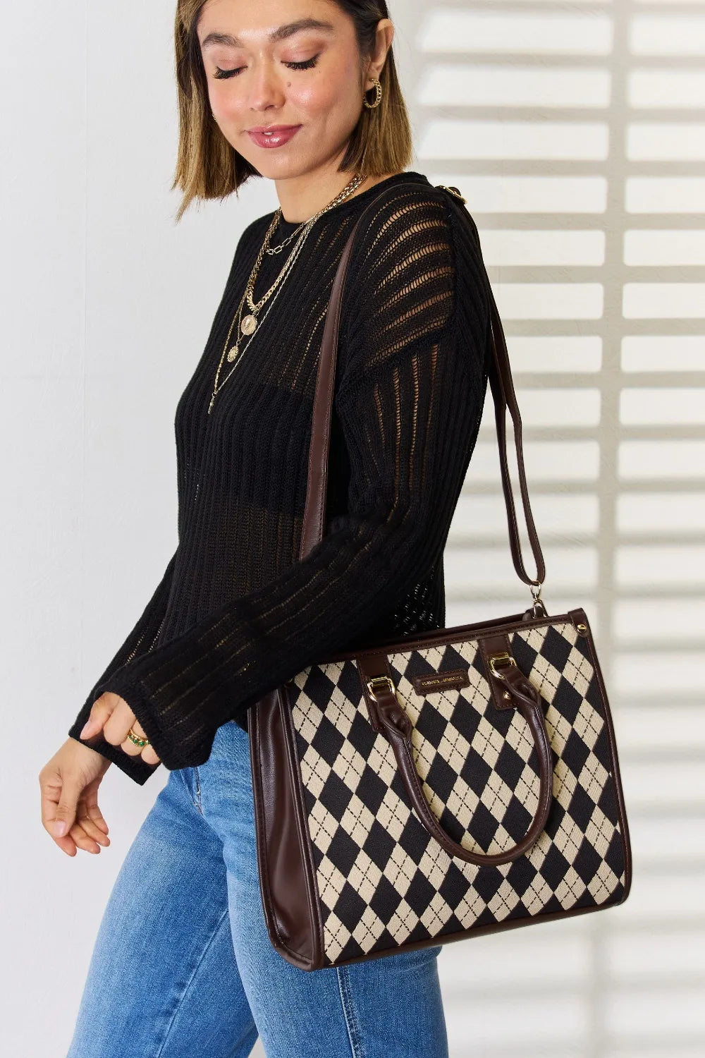 David Jones Argyle Pattern PU Leather Handbag | Handbags Daverri Fashions