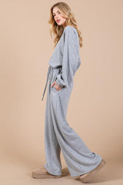 Ces Femme Boat Neck Long Sleeve Drawstring Jumpsuit | Jumpsuits Daverri Fashions