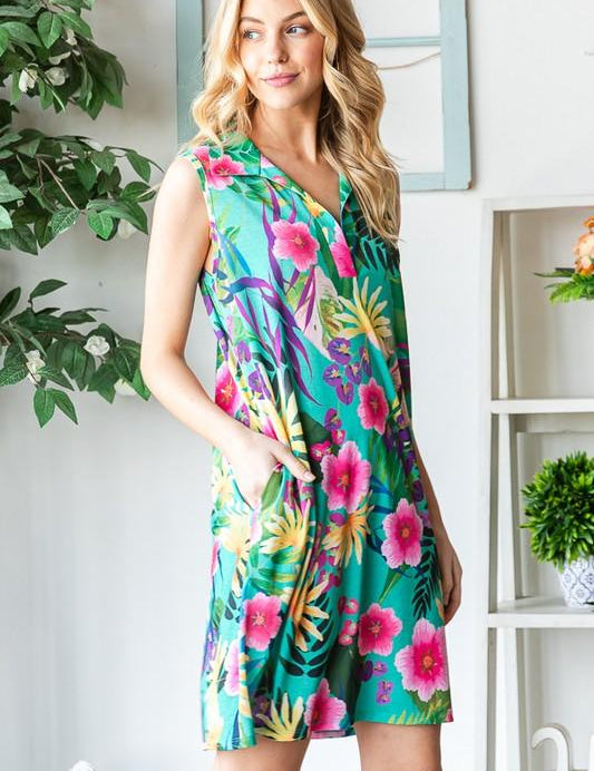 Heimish Full Size Floral Johnny Collar Sleeveless Dress | Mini Dresses Daverri Fashions