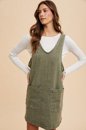 Annie Wear V-Neck Adjustable Strap Denim Overall Dress with Pockets | Daverri Fashions