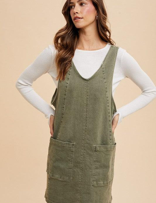Annie Wear V-Neck Adjustable Strap Denim Overall Dress with Pockets | Daverri Fashions