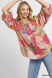 BERRY MIX Umgee Boho Feather Print Peasant Blouse | Blouses Daverri Fashions