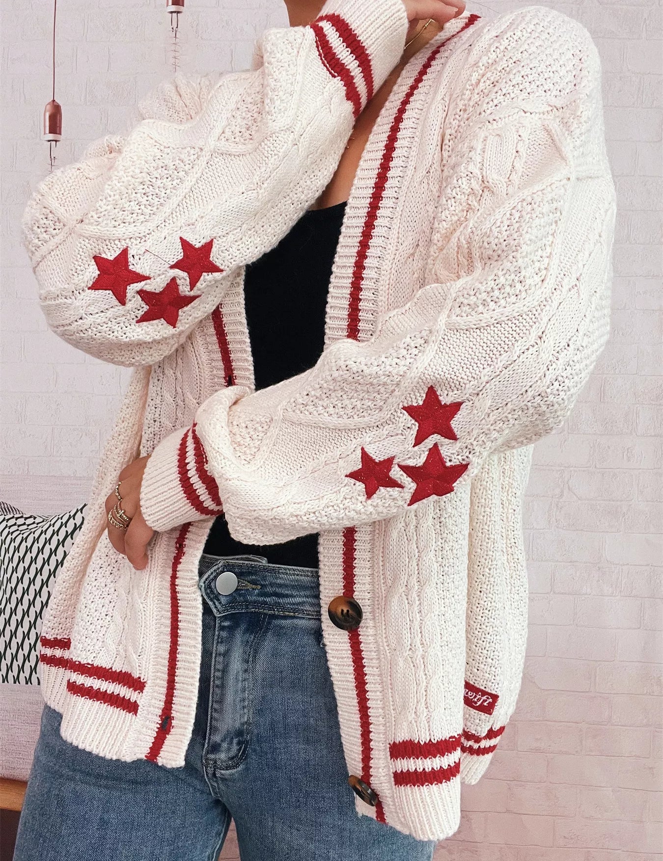 Star Pattern Button-Up Cardigan with Contrast Trim | Cardigans Daverri Fashions