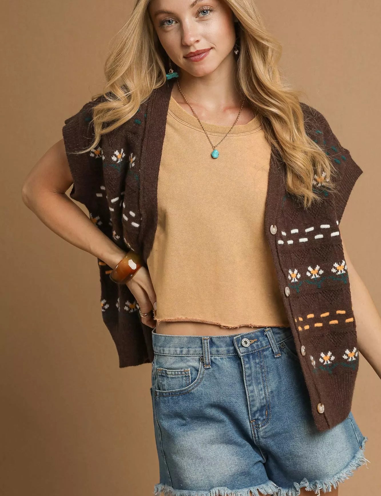 Umgee Button-Down Knit Vest with Floral Pattern | Sweaters Daverri Fashions