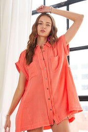 Coral ADORA Raw Hem Collared Neck Button Down Shirt | Daverri Fashions