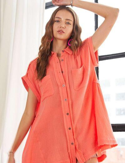 Coral ADORA Raw Hem Collared Neck Button Down Shirt | Daverri Fashions