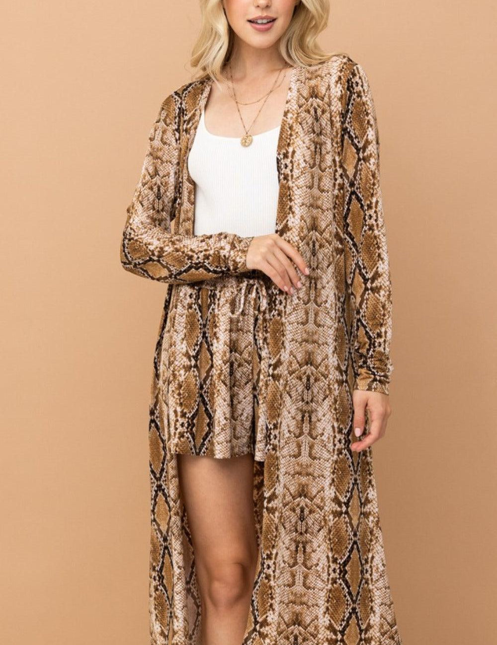 Snake And The Why Snake Print Kimono Open Front Longline Cardigan | Cardigans Daverri Fashions
