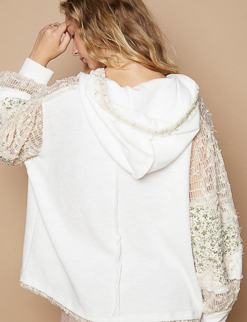 POL Star Patch Lace Contrast Long Sleeve Hooded Top | Tops Daverri Fashions